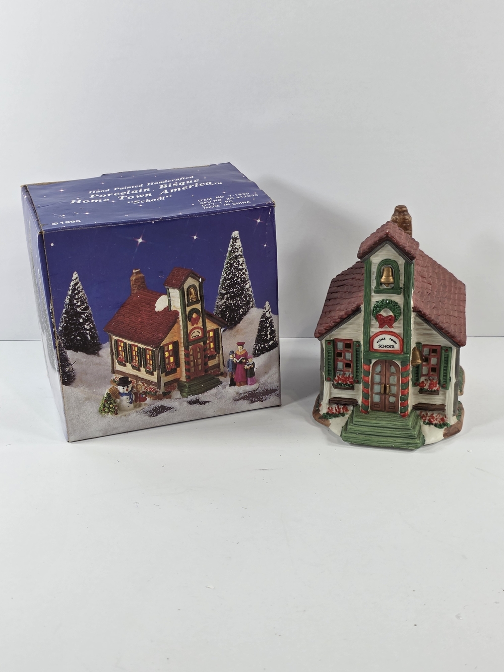 Holiday Ceramic Schoolhouse Figurine - Green and Red